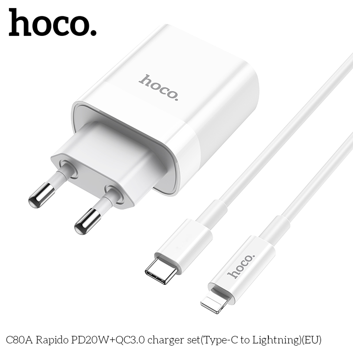 Cargador con cable USB-C Lightning 20W + USB Carga Rápida 3.0 Hoco C80A color blanco
