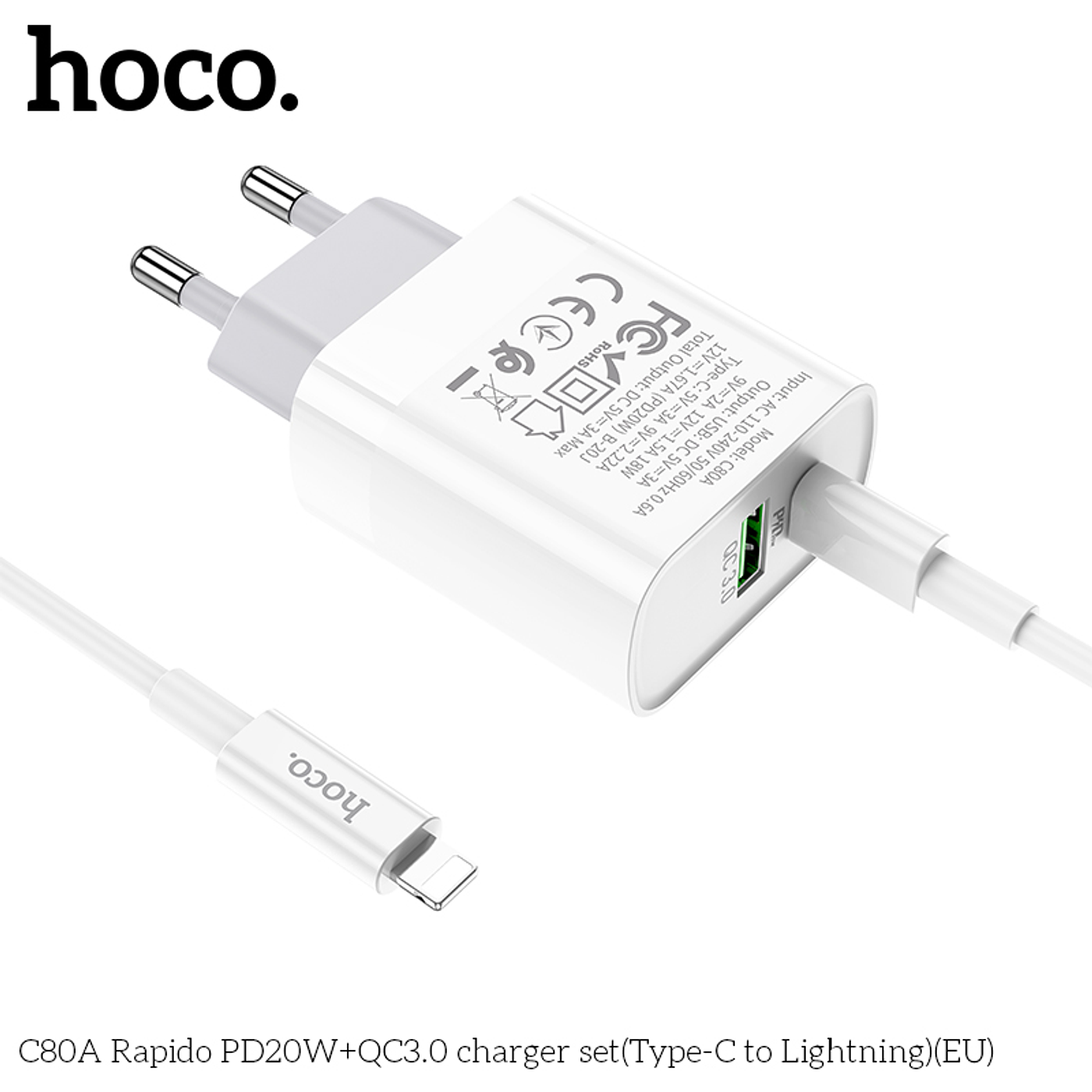Cargador con cable USB-C Lightning 20W + USB Carga Rápida 3.0 Hoco C80A color blanco