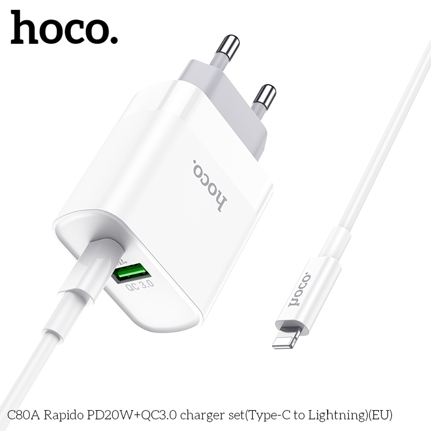 Cargador con cable USB-C Lightning 20W + USB Carga Rápida 3.0 Hoco C80A color blanco