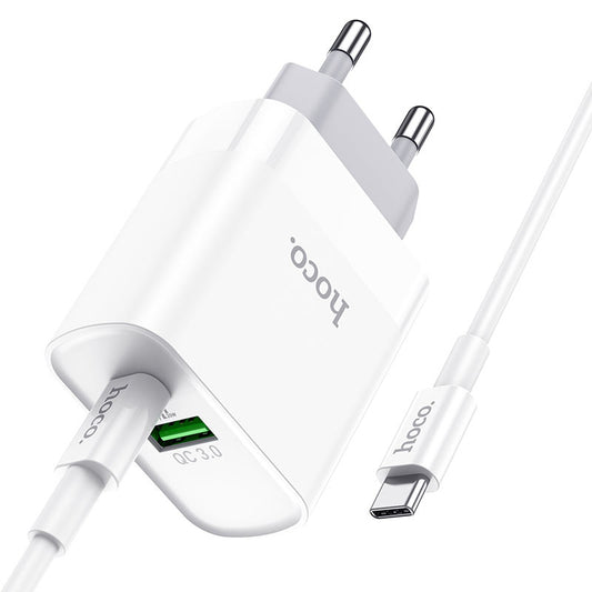 Cargador Hoco C80A 20w Carga Rápida QC3.0 + Cable Tipo C color blanco