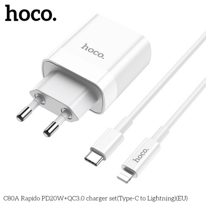 Cargador con cable USB-C Lightning 20W + USB Carga Rápida 3.0 Hoco C80A color blanco