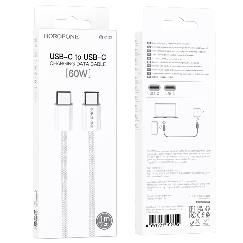 Cable de datos y carga rápida Borofone BX103 60W USB tipo C a USB tipo C Largo:1m color blanco