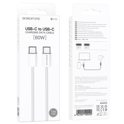 Cable de datos y carga rápida Borofone BX103 60W USB tipo C a USB tipo C Largo:1m color blanco